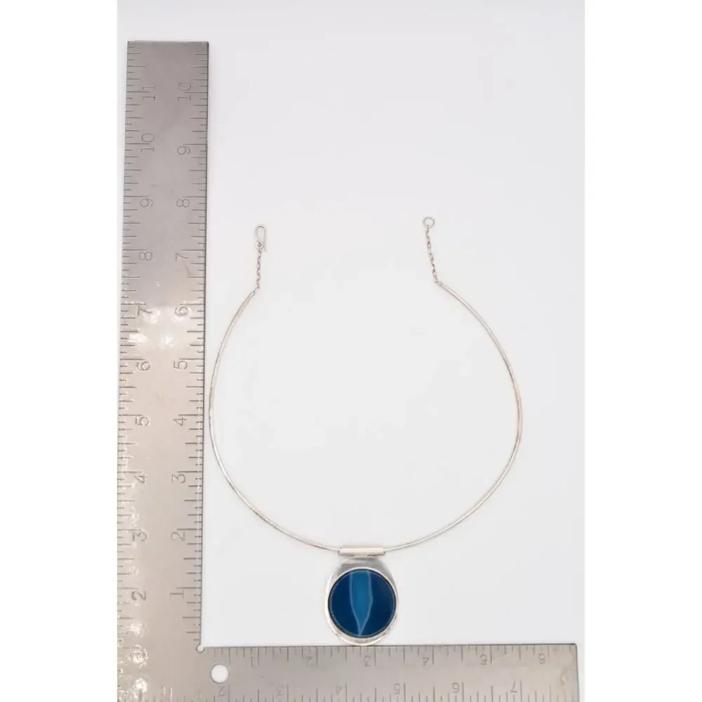 Vintage 925 Gemstone Necklace Blue Marbled Bezel Cabochon Sterling Silver Boho